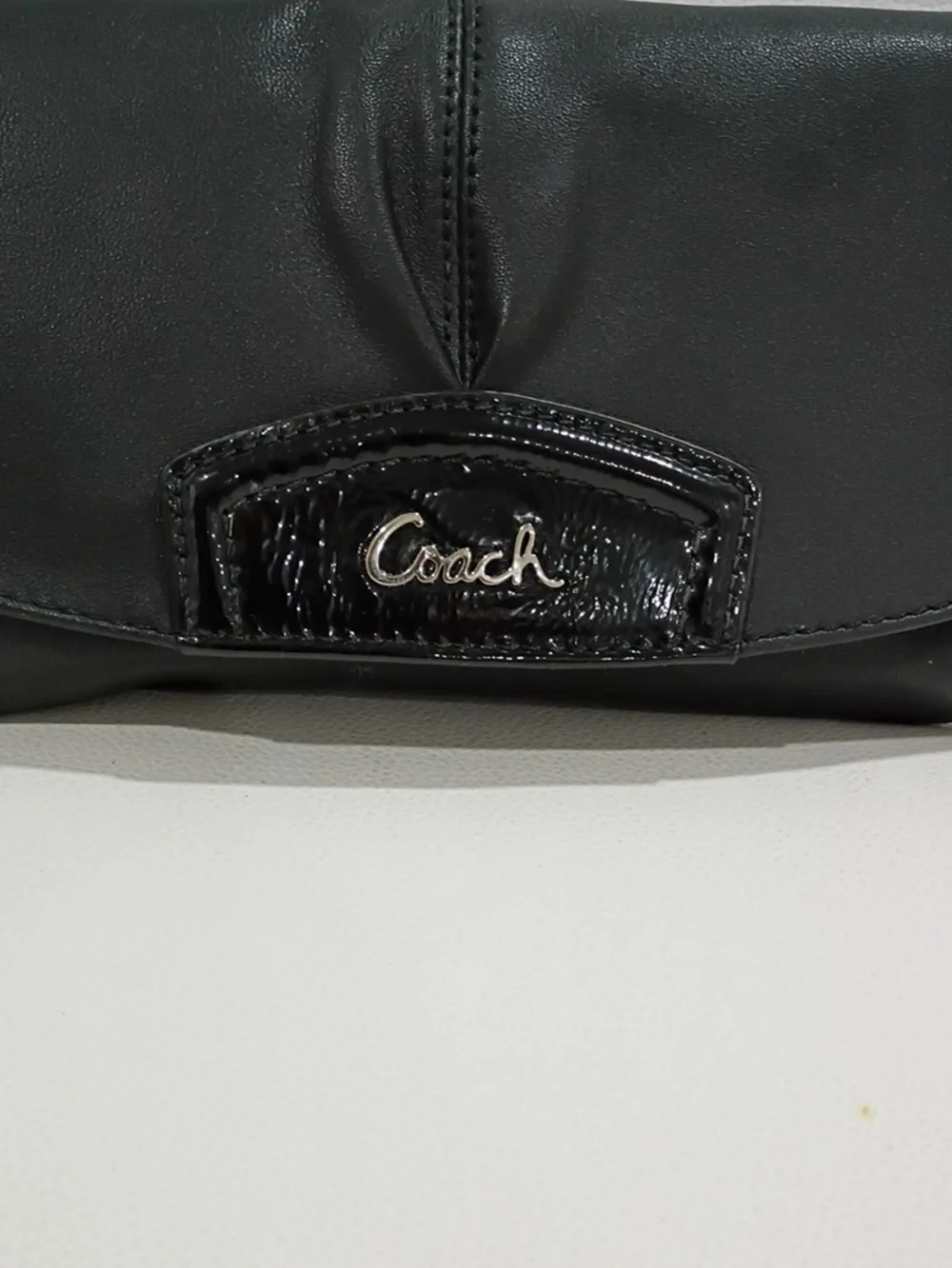 Coach Black Leather Wristlet Clutch with Patent Leather Trim And Silver Hardware